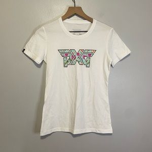 PXG Women’s White Short Sleeve Shirt Size Small Slim Fitted Floral Logo